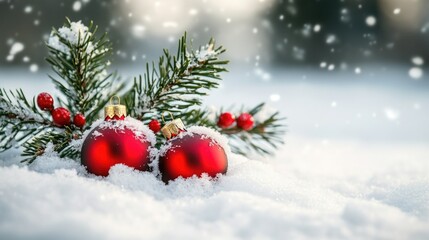 Festive red baubles and pine branches with snowfall in winter wonderland, celebrating merry christmas and happy new year ai