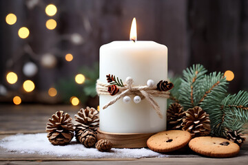 Christmas composition with burning candle, cookies and fir branches on wooden background