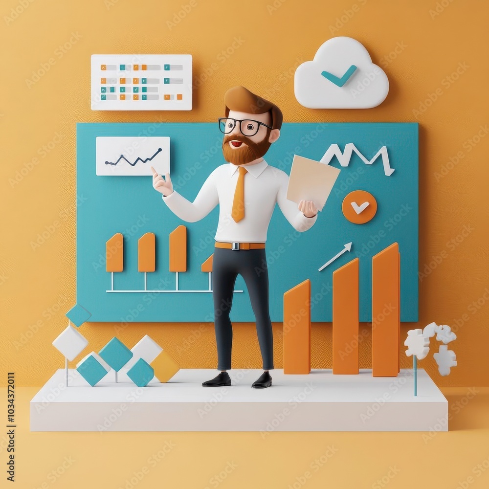 Poster a infographic scene with a businessman presenting data charts and graphs, surrounded by colorful ele
