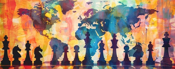 Global Chessboard A Watercolor Abstract of Strategy and Power