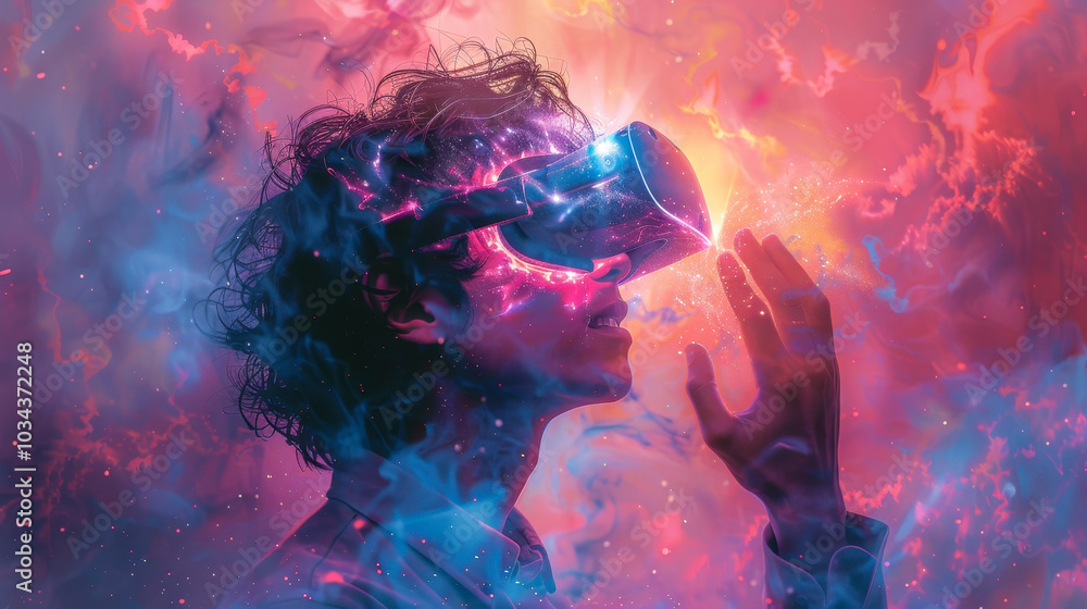 Poster man using virtual reality headset and touching digital world, abstract particle effects, immersive t