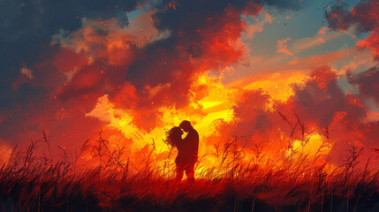 Fototapeta premium Romantic Couples Embracing on Hill with Dramatic Sunset Sky, Digital Art Illustration, Love and Affection, Evening Scene, Passionate, Warm and Emotional Mood
