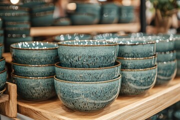 Naklejka premium Stack of Rustic Blue and Brown Ceramic Bowls on a Wooden Shelf