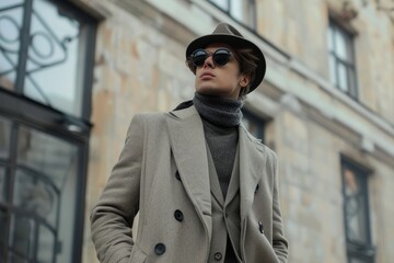 Naklejka premium A fashionably dressed person stands with a confident posture wearing a double-breasted coat, sunglasses, and a stylish hat in a chic city environment.