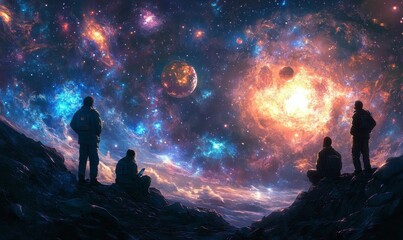 Fototapeta premium Silhouettes gaze at a cosmic nebula.