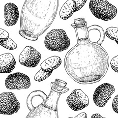 Truffle oil and black edible truffle vector seamless pattern . Engraved style sketch 