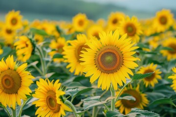 Fototapeta premium Bright yellow sunflowers stretch towards the sun in a vast field, showcasing their beauty under clear skies during the warm summer season.