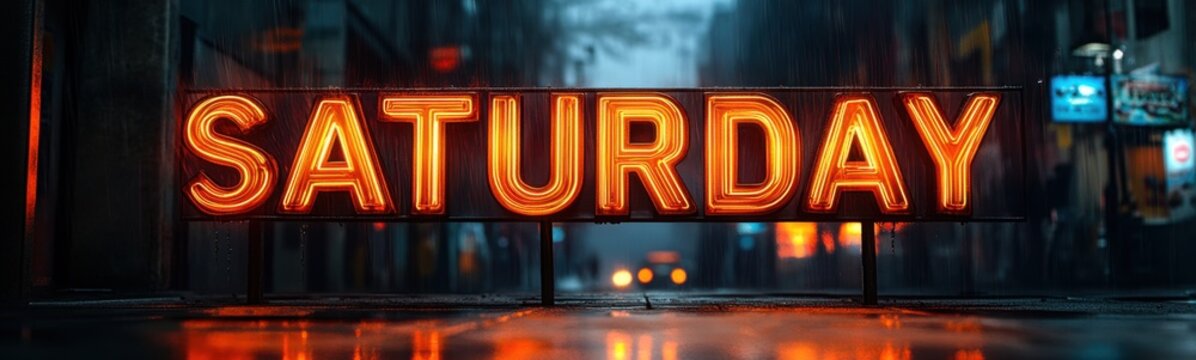 Neon sign that says saturday on a city street at night