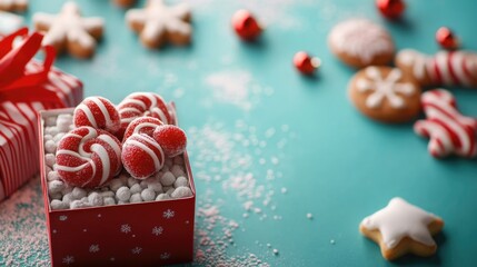 Festive gift box with candy ornaments on turquoise background for celebrating merry christmas and happy new year ai