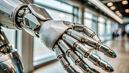 Obraz premium The robotic hand, featuring intricate metallic components, is on display in a contemporary exhibition area surrounded by large windows that let in natural light