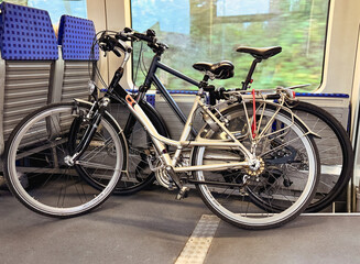 Bicycles inside a railway train carriage