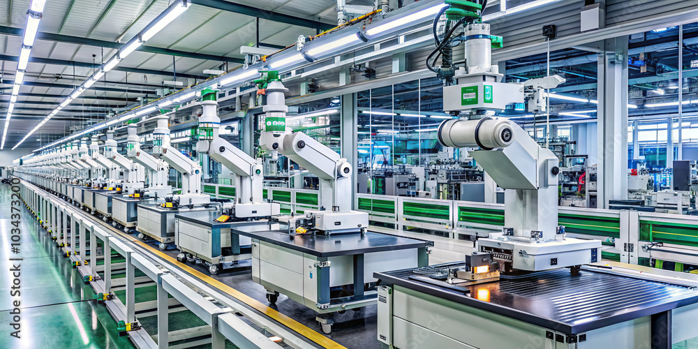 Poster robotic arms are efficiently assembling components on production lines in a well-lit manufacturing f