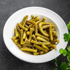 Green beans food ready to eat tasty food dish fresh delicious gourmet food background on the table rustic top view copy space top view keto and paleo diet мegetarian and vegan food