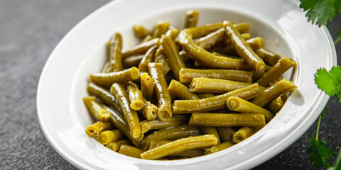 Green beans food ready to eat tasty food dish fresh delicious gourmet food background on the table rustic top view copy space top view keto and paleo diet мegetarian and vegan food