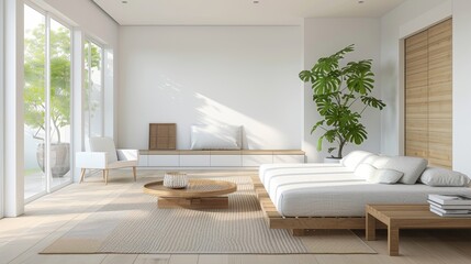 Minimalist Living Room Design with White Walls, Wooden Floors, and a Large Window with a View of Greenery