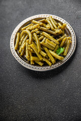 Green beans food ready to eat tasty food dish fresh delicious gourmet food background on the table rustic top view copy space top view keto and paleo diet мegetarian and vegan food
