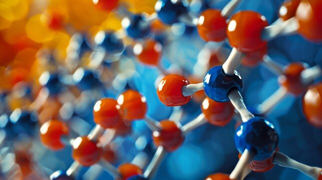 Molecular Structure Red and Blue Spheres Connected by White Bonds, Bokeh Background
