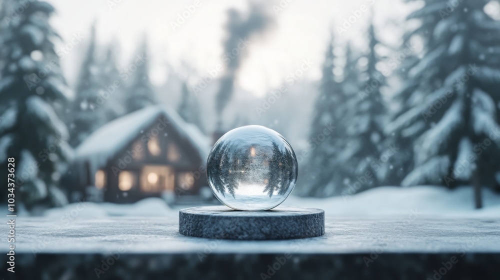 Aufkleber a crystal sphere rests on a stone surface, reflecting a cozy cabin amidst a snowy landscape. surroun