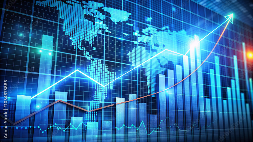 Poster a digital display showcases a world map alongside ascending graphs, representing global financial da