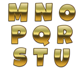 Gold letters on a transparent background. English golden text cartoon alphabet set. Gold letters. Isolated set. M, N, O, P, Q, R, S, T, U..