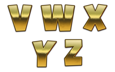 Gold letters on a transparent background. English golden text cartoon alphabet set. Gold letters. Isolated set. V, W, X, Y, X, Z.
