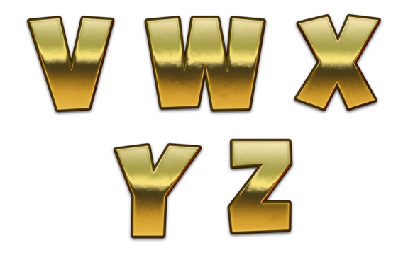 Gold letters on a transparent background. English golden text cartoon alphabet set. Gold letters. Isolated set. V, W, X, Y, X, Z.