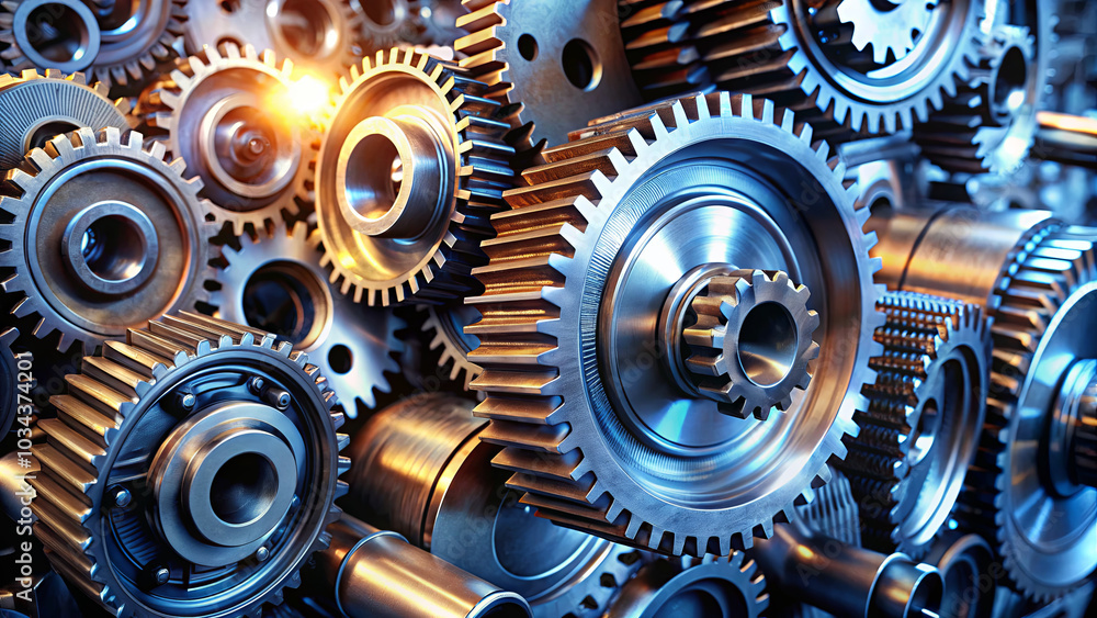 Poster a collection of intricately designed metal gears and cogs is illuminated by soft light, reflecting t