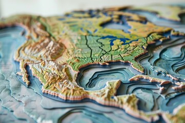 Naklejka premium This striking topographic relief map displays the varied elevations and geographic features of North America, highlighting mountains, lakes, and valleys in vibrant colors.
