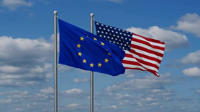USA and European Union flags flying together, video concept of the relationship, two country cooperation concept