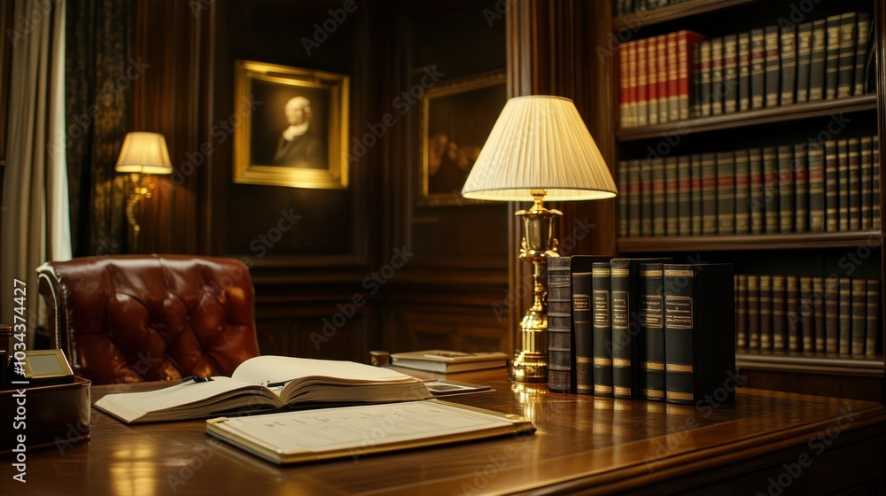 Poster An Open Book on a Wooden Desk in a Dimly Lit Library