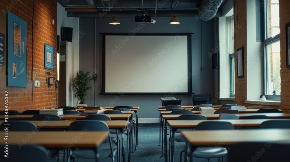 Poster Empty Classroom with Projection Screen and Desks