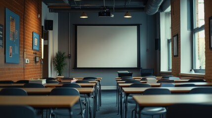 Empty Classroom with Projection Screen and Desks
