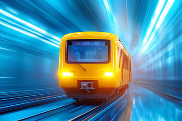 Bright yellow train speeding through a futuristic tunnel at nigh