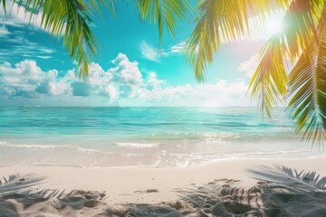 Fototapeta premium This tranquil scene features a sandy beach bordered by lush palm trees, with gentle waves lapping at the shore under a bright blue sky.
