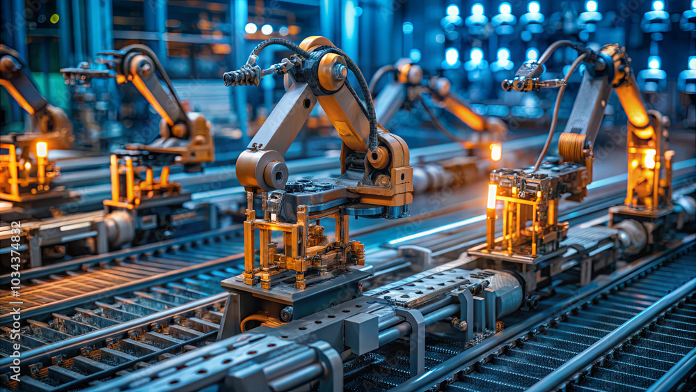 Poster robotic arms efficiently assemble various components on a production line during nighttime operation