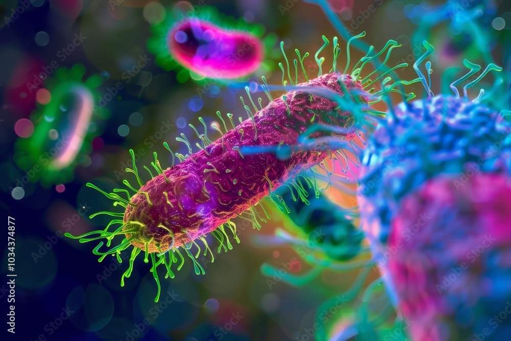 Poster vibrant bacteria are depicted with detailed structures and colorful filaments, revealing their compl