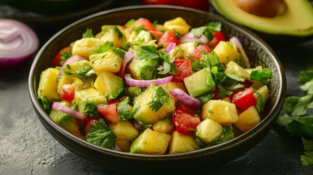 The national cuisine of Mexico: Pineapple salad with avocado and red onion.
