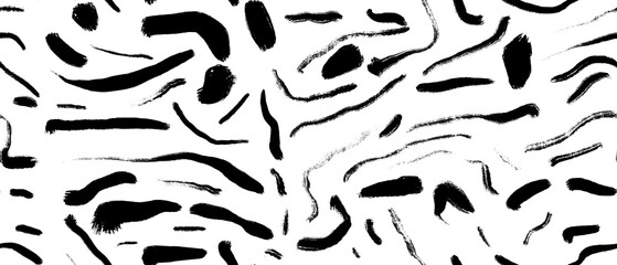 Seamless abstract textured pattern. Simple background with black lines on white. Digital brush strokes. Lines, stains. Design for textile fabrics, wrapping paper, background, wallpaper, cover.