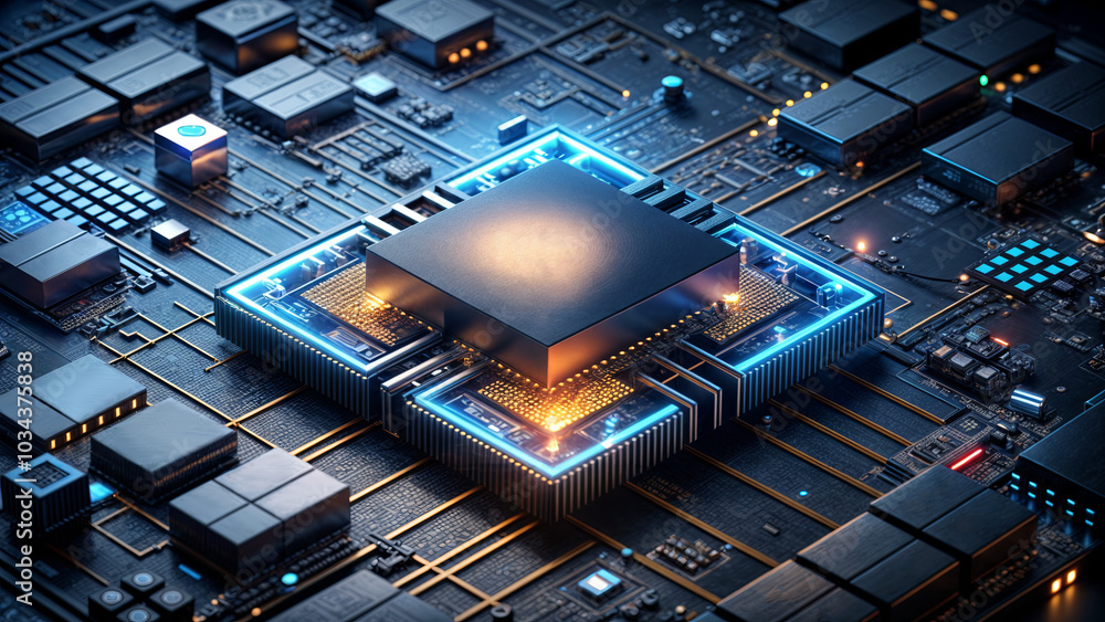 Poster a high-tech microprocessor sits on a detailed circuit board, with glowing lights illuminating the in