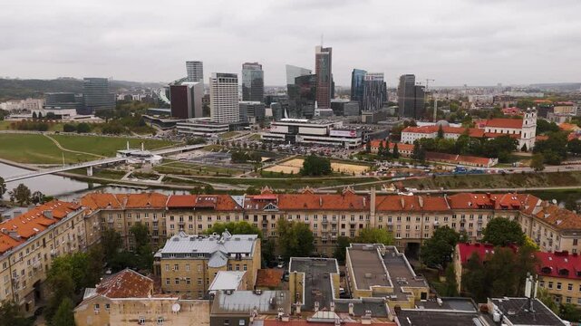 Beautiful Aerial view of the old town of Vilnius, the capital of Lithuania. Top cinematic aerial view. Vilnius cityscape in a beautiful autumn day, Lithuania.