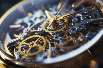 The close-up view reveals the intricate mechanics of a golden mechanical watch, highlighting its gears and precision craftsmanship, emphasizing fine details and artistry.