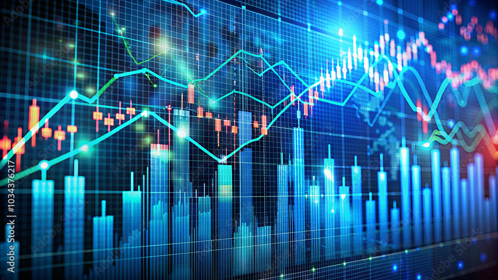 Poster this graphic displays intricate financial market trends with vibrant digital graphs and indicators, 