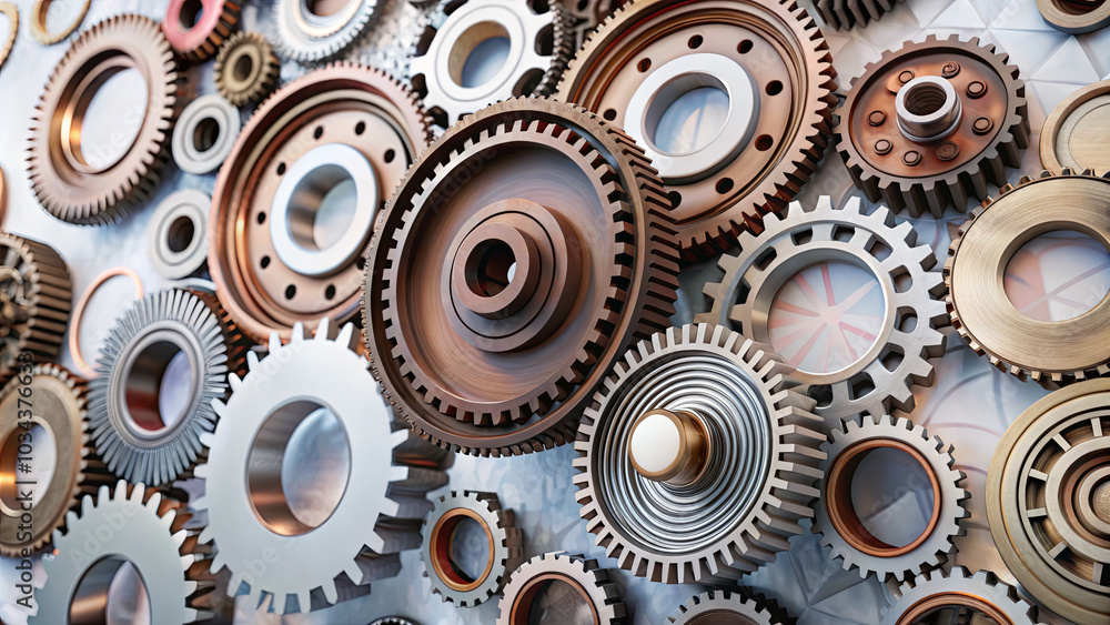 Poster a collection of diverse gears in different sizes and finishes is artfully arranged against a texture