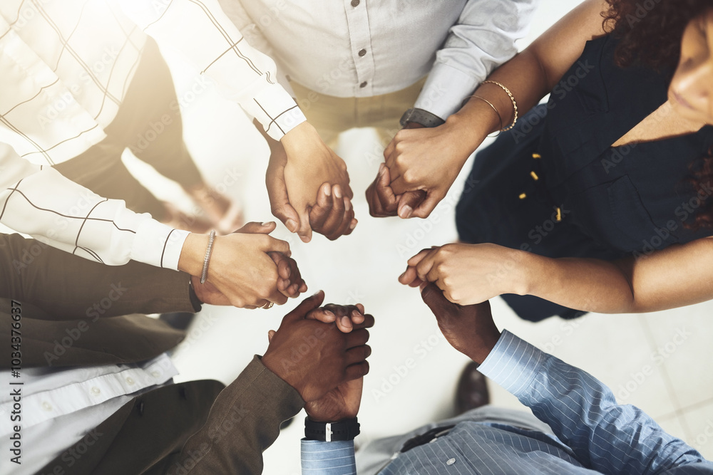 Canvas Prints Business people, above and holding hands in circle at office for teamwork, support and solidarity. Company, partnership and employees with gesture of trust for collaboration, agreement and motivation