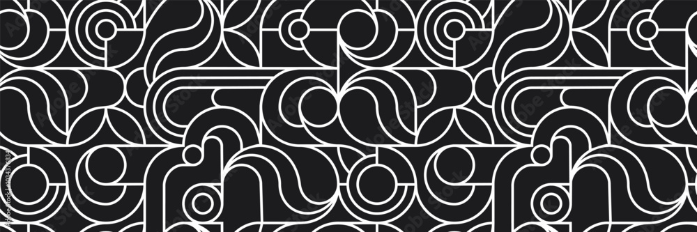 Wall mural black and white linear seamless pattern.geometric background with circles, arcs and arches.texture f