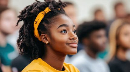 Confident young girl with yellow bandana in audience