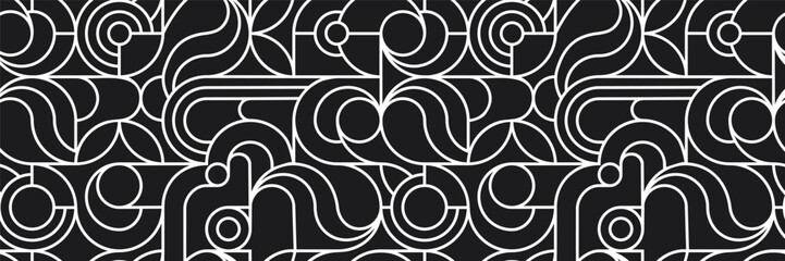 Black and white linear seamless pattern.Geometric background with circles, arcs and arches.Texture for printing on fabric and paper.Vector graphic design for use in wallpaper,cover,textile,backdrop.