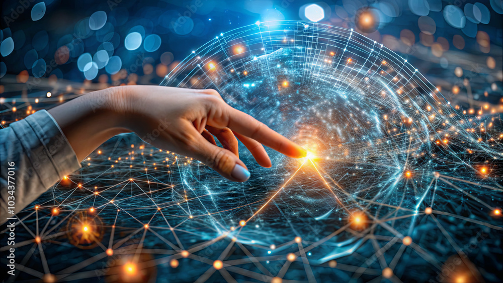 Poster a hand is poised to touch a bright light source amidst a web of interconnected nodes and glowing lin