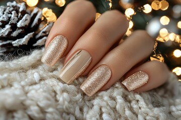 Closeup of a Hand with Gold Glitter and Nude Nail Polish