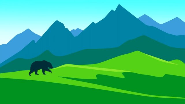 Beautiful landscape with mountains and walking bear (animation, seamless loop)